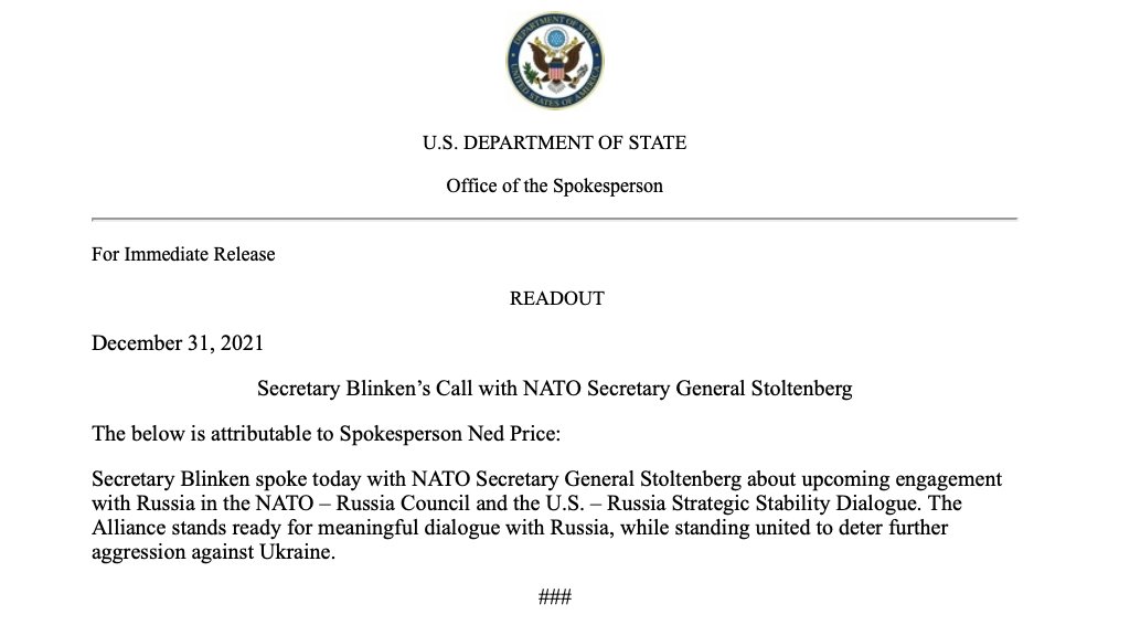 Today, @SecBlinken spoke with @jensstoltenberg  about upcoming engagement with Russia, stating @NATO stands ready for meaningful dialogue with Russia, while standing united to deter further aggression against Ukraine, according to the @StateDept