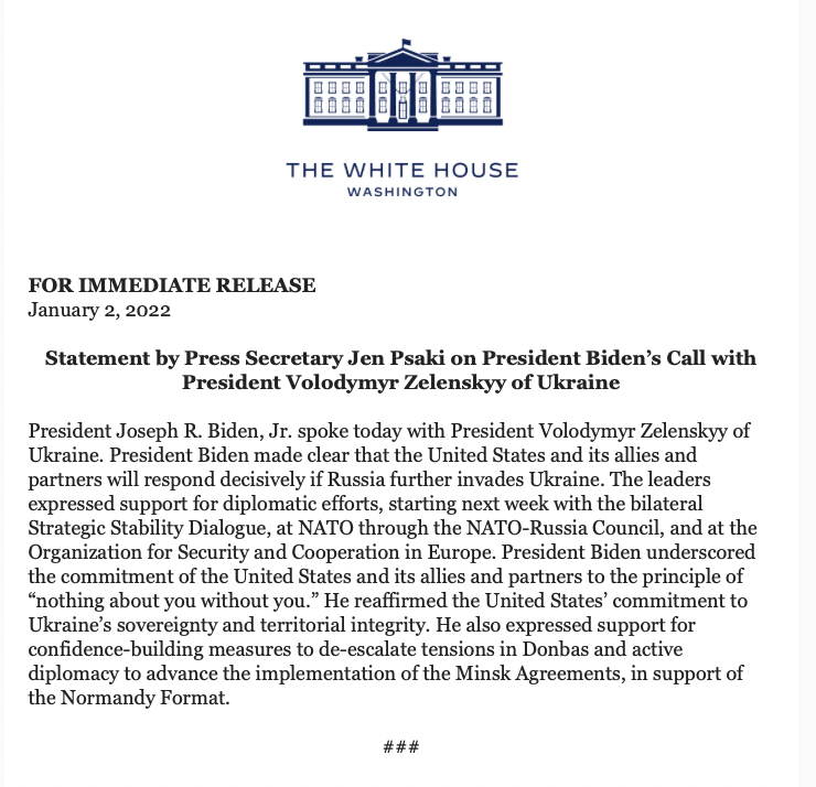 In Sunday's phone call with @ZelenskyyUa, @POTUS made clear that the US and its allies and partners will respond decisively if Russia further invades Ukraine, according to a @WhiteHouse statement