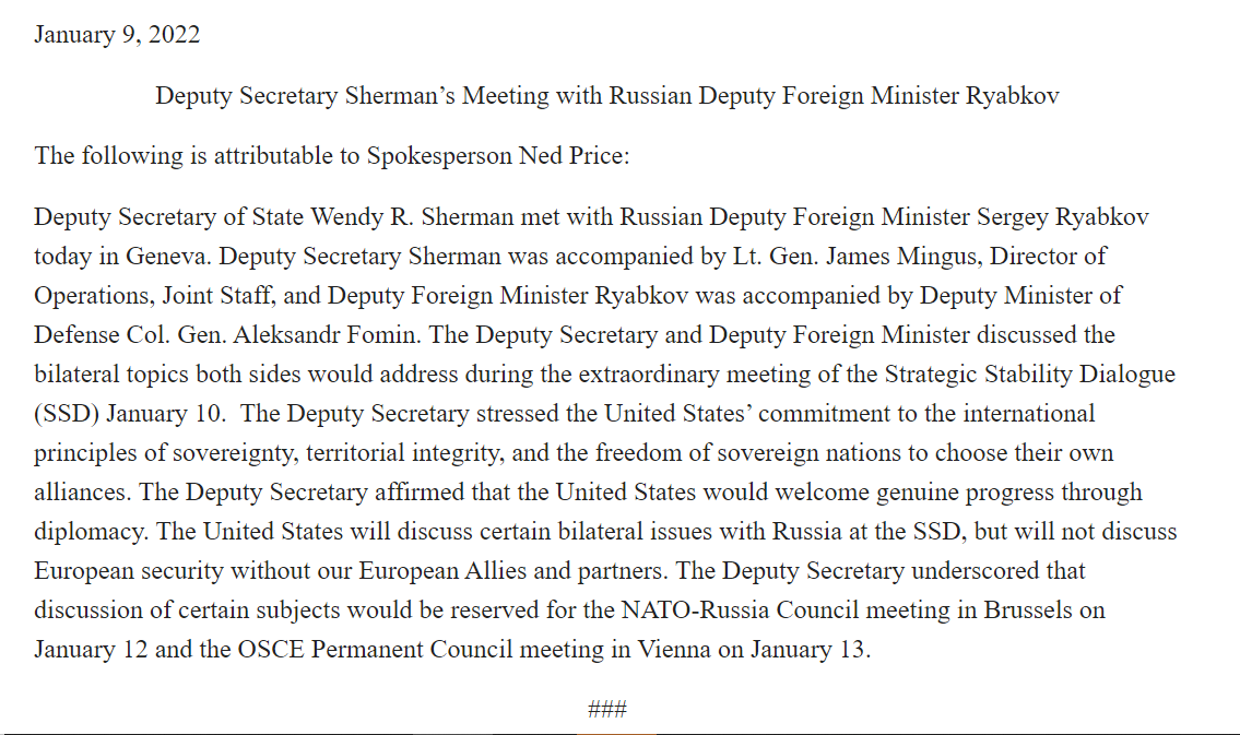 During their working dinner tonight, @DeputySecState & Russian Deputy FM Ryabkov discussed the bilateral topics both sides would address during the extraordinary meeting of the Strategic Stability Dialogue tomorrow, per @StateDeptSpox