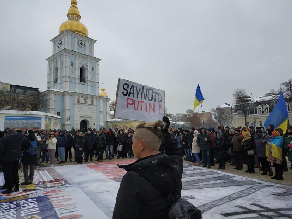 Several hundred people protested in Kyiv today, urging the West to say No to Putin as talks between US, NATO and Russia are to begin this week Participants said Russia aims to plunge the world into a chaos, condemned its aggressive actions in Ukraine, intervention in Kazakhstan