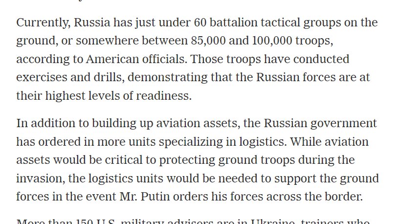 According to American officials, Russia has just under 60 BTGs on the ground (presumably, near Ukraine). They also report Russia has positioned additional Attack and transport helicopters, along with ground attack fighter jets