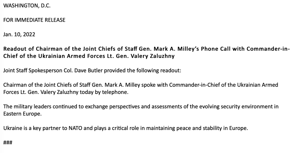 US @thejointstaff Chair Gen Mark Milley spoke by phone Monday with Ukraine Cmdr-in-Chief of the Armed Forces LtGen Valery Zaluzhny  The military leaders continued to exchange perspectives & assessments of the evolving security environment in Eastern Europe per readout