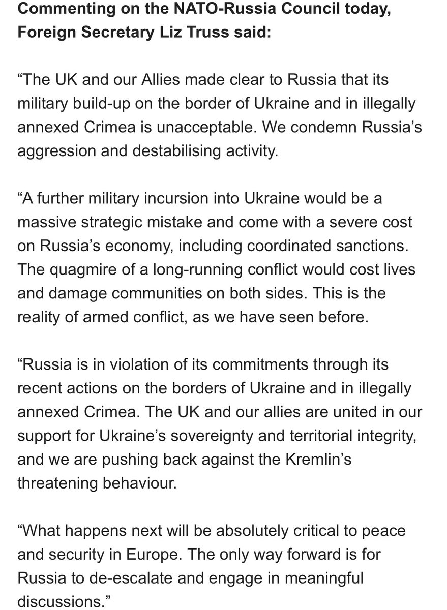 UK Foreign Secretary after NATO-Russia Council: The quagmire of a long-running conflict would cost lives & damage both sides. Only way forward is for Russia to de-escalate & engage in meaningful discussions