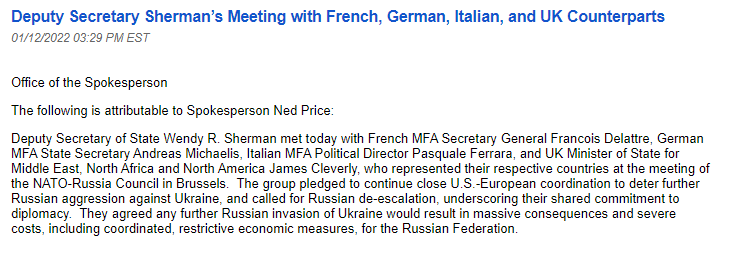 US State Dept issues readout of Deputy Sec State Wendy Sherman's meeting in Brussels, Belgium, with European officials re: Russia and Ukraine.  The European officials represented the following countries: France; Germany; Italy; UK