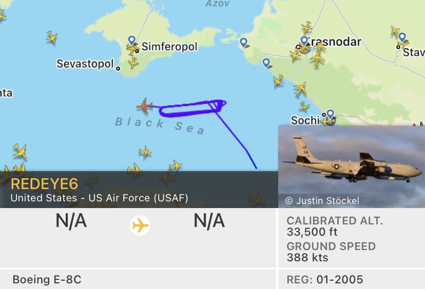 USAF E-8 running a track in the Black Sea, watching Russian activity in Krasnodar and Crimea