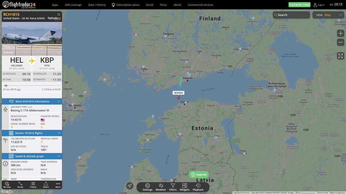 USAF C17 Globemaster III RCH1815 departed Helsinki Finland en route to Kyiv Ukraine