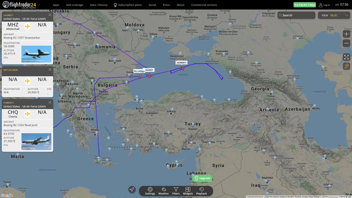 Reconnaissance missions over Black Sea:  -US Navy P8 Poseidon AE67A5 -USAF KC135T LAGR857 -USAF RC135W Rivet Joint HOMER71
