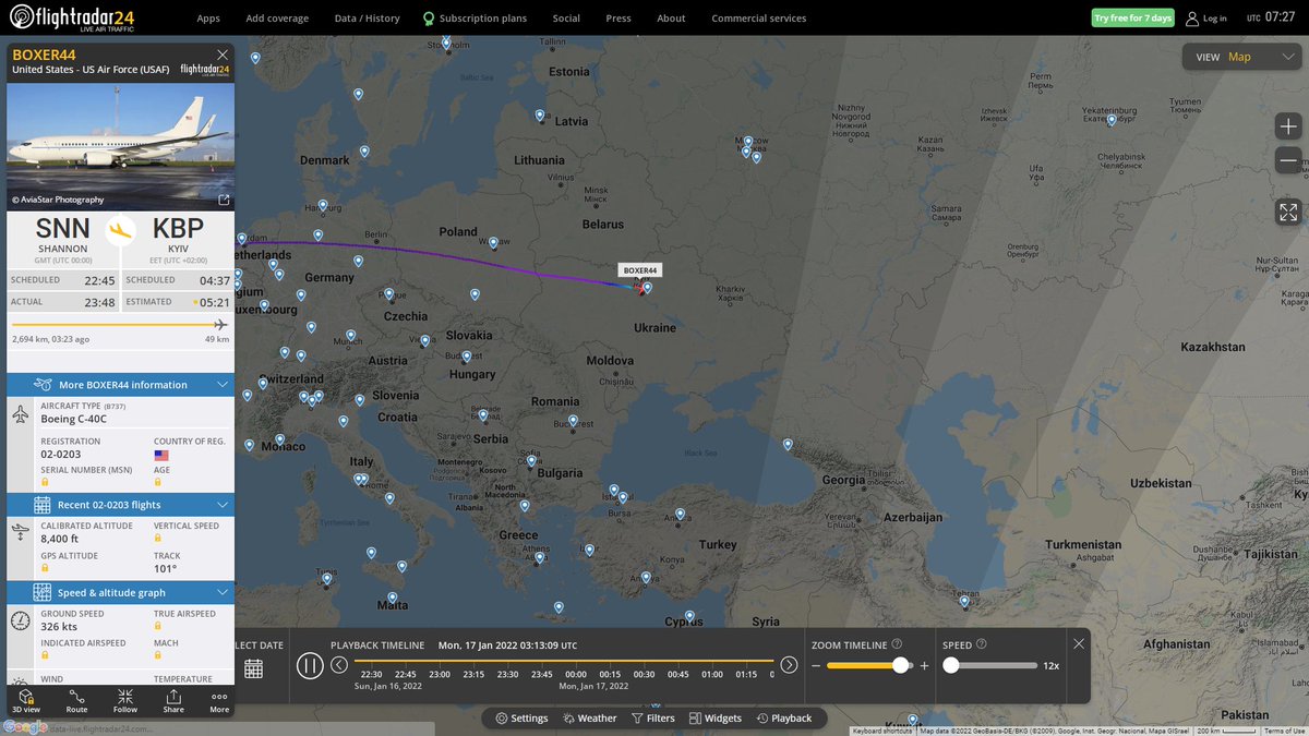 USAF C40C BOXER44 inbound Kyiv Ukraine a few hours ago. US delegation visits Ukraine