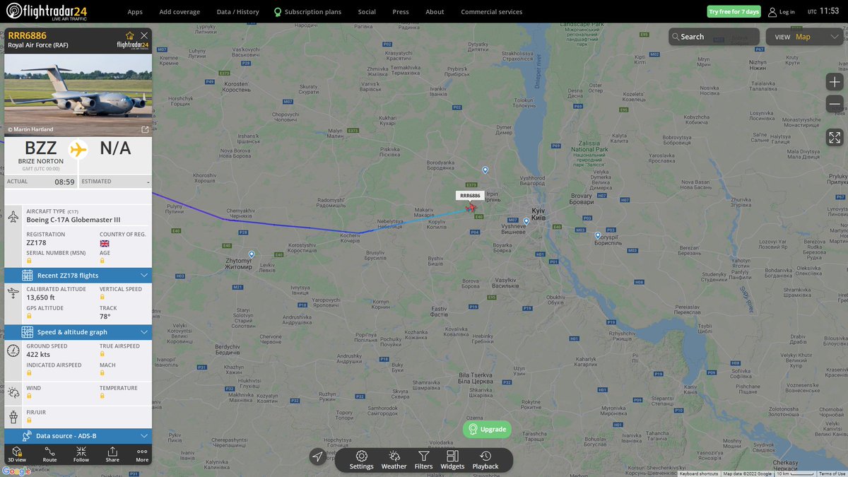 RAF C17 Globemaster III RRR6886 descending for Kyiv Ukraine