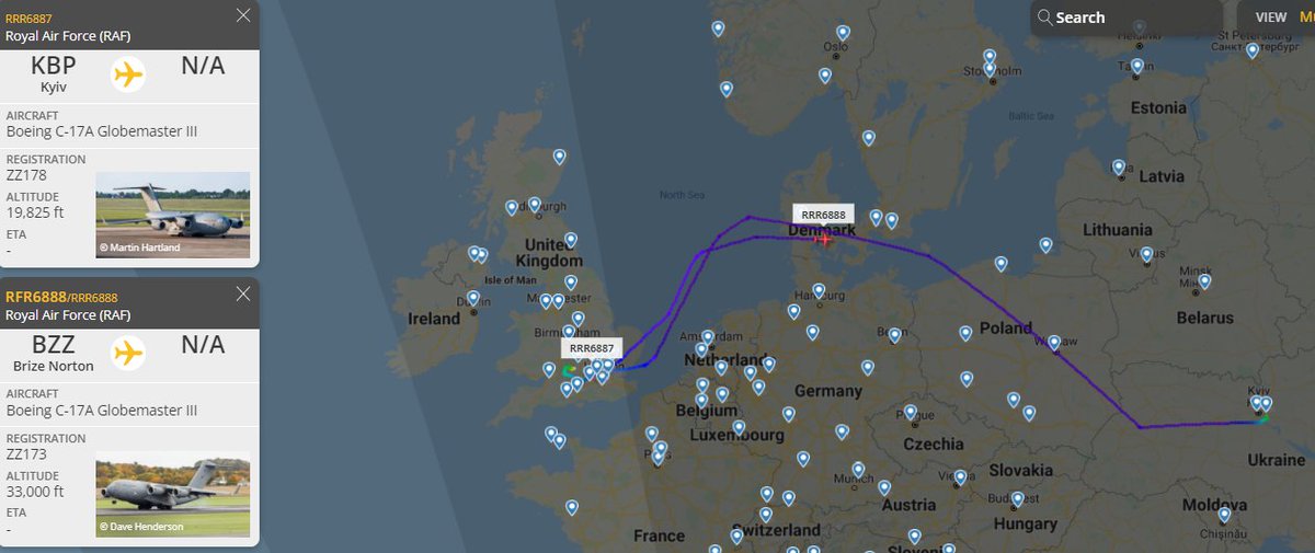 A second RAF C-17 is heading towards Ukraine this evening, both deliberately avoided German airspace