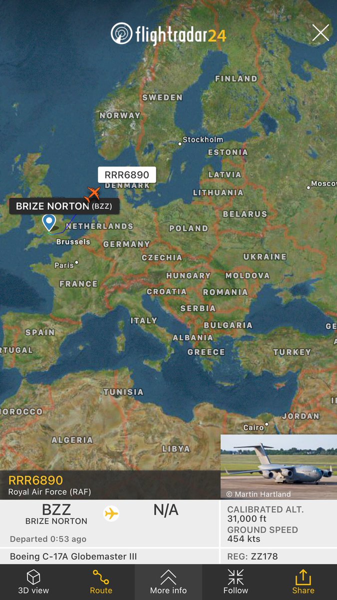 Third C-17 from RAF Brize Norton en route to Ukraine likely carrying military advisors and NLAW light anti-tank guided missiles (ATGM's)