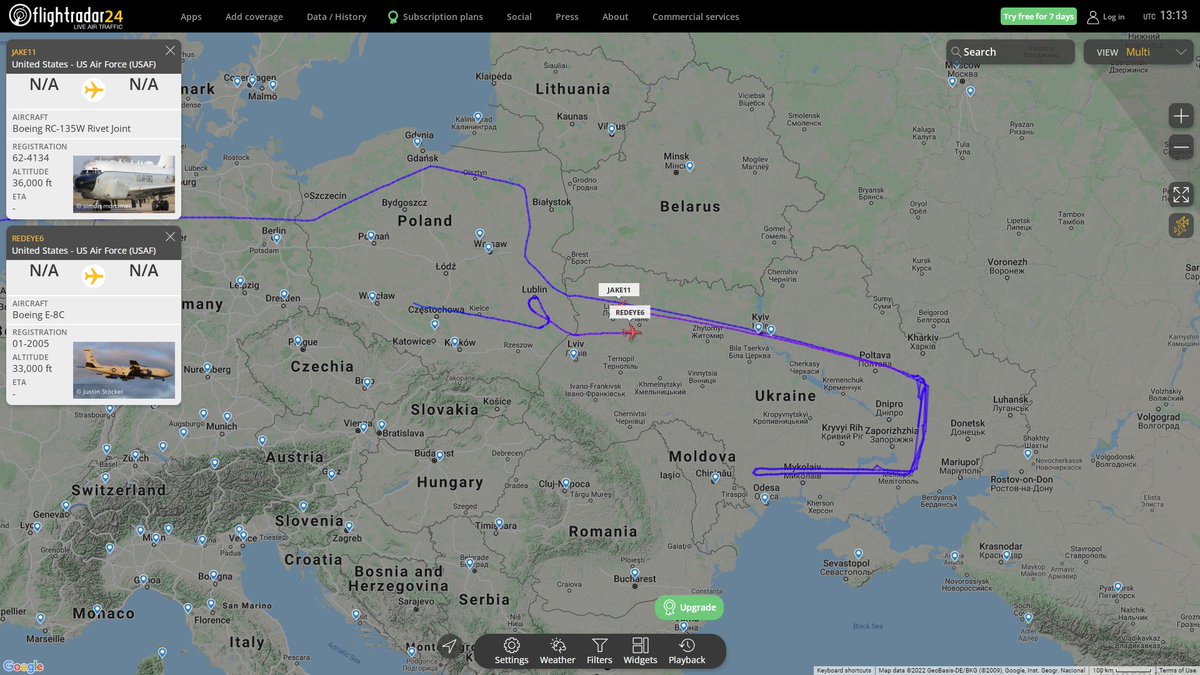 Surveillance flights over Ukraine: USAF RC135W Rivet Joint JAKE11 and USAF E8C Joint STARS REDEYE6