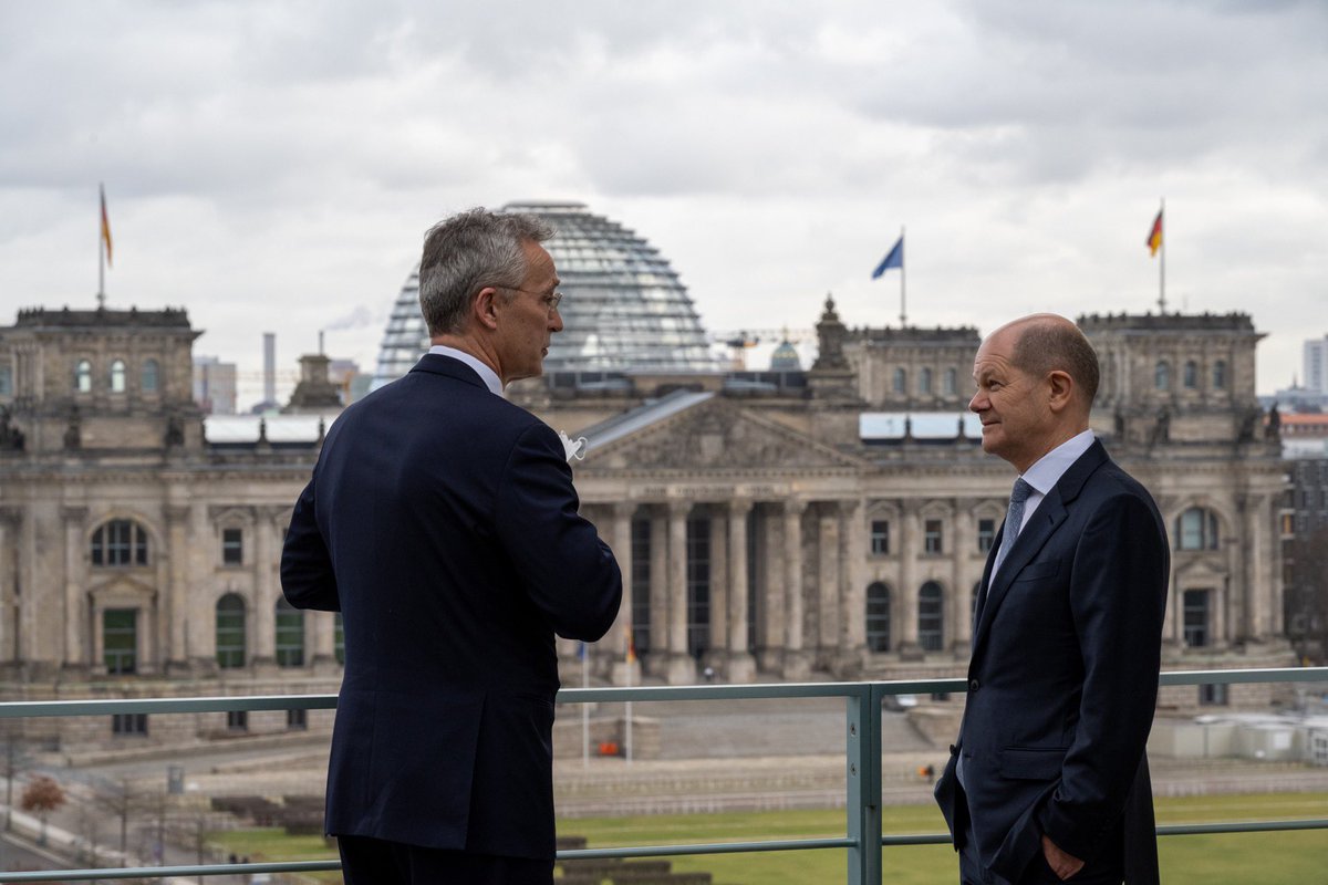 Jens Stoltenberg: Good to visit Germany and meet Chancellor @OlafScholz. We discussed Russia's build-up in and around Ukraine and European security. We continue to call on Russia to de-escalate and remain ready for dialogue. I have invited all members of the NATO-Russia Council to a series of meetings
