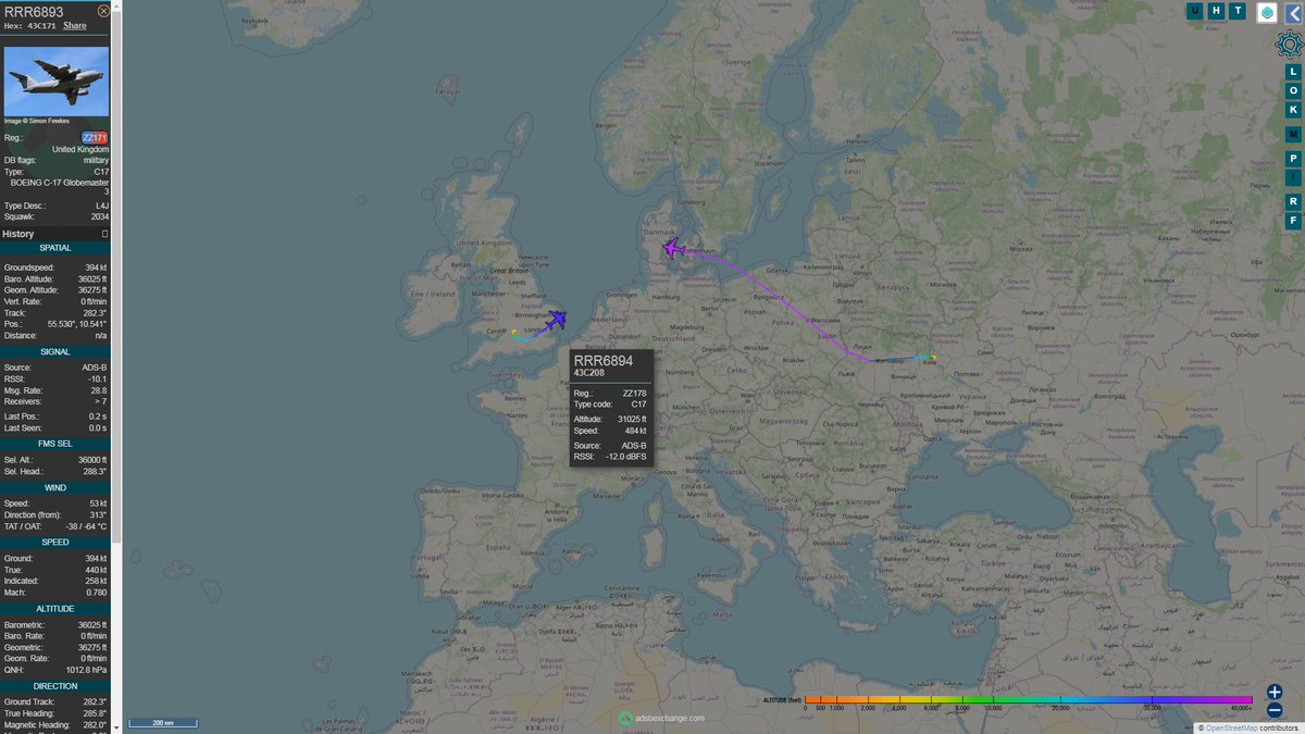 The fifth RAF C17 (RRR6894) en route to Kyiv supplying Ukraine with light anti-tank weapons