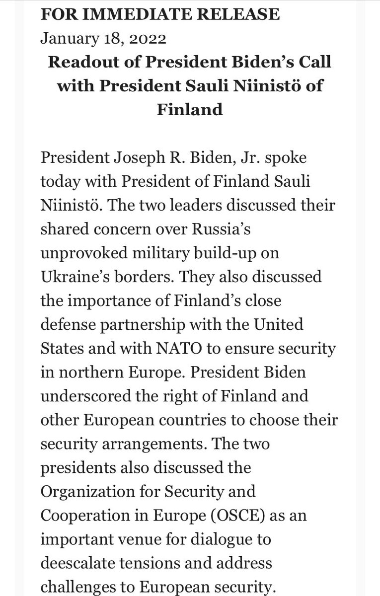 In a phone call @POTUS and @niinisto discussed their shared concern over Russia's unprovoked military build-up on Ukraine's borders, according to the @WhiteHouse