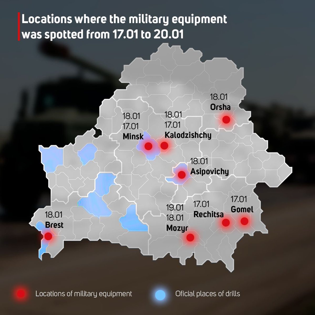 Military equipment is spotted in different parts of Belarus, outside the training grounds where the drills are planned
