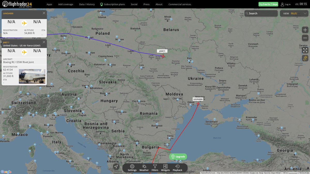 Surveillance missions over Ukraine: USAF C-135W Rivet Joint JAKE11 and USAF RQ4 Global Hawk UAVGH000 drone