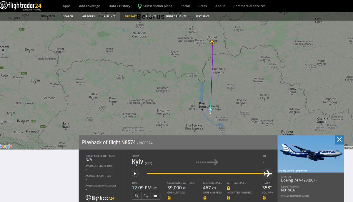 Could be data spoofing event, as National Airlines  Boeing 747-428(BCF) N919CA that delivered weapons to Ukraine, at Flightradar24 showing over Belarus