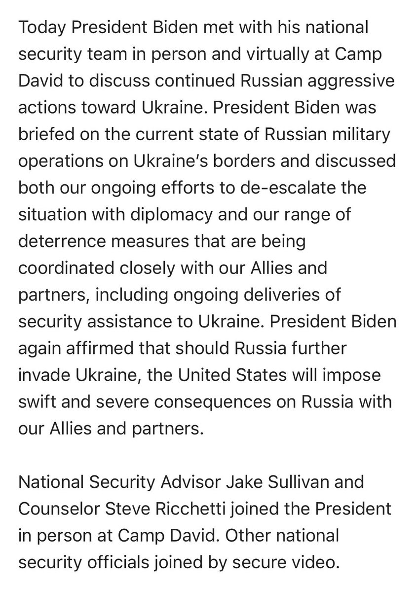 @POTUS Biden had a national security meeting today from Camp David regarding continued Russian aggressive actions towards Ukraine. Joined in person by Steve Ricchetti and @JakeSullivan46