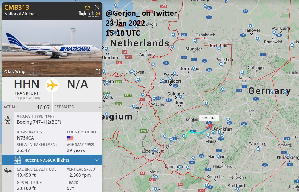National Airlines N756CA just took off from Frankfurt Hahn Airport as U.S. Transportation Command flight CMB313. Scheduled destination is Kyiv Boryspil Airport in Ukraine.  The aircraft is loaded with U.S. weaponry