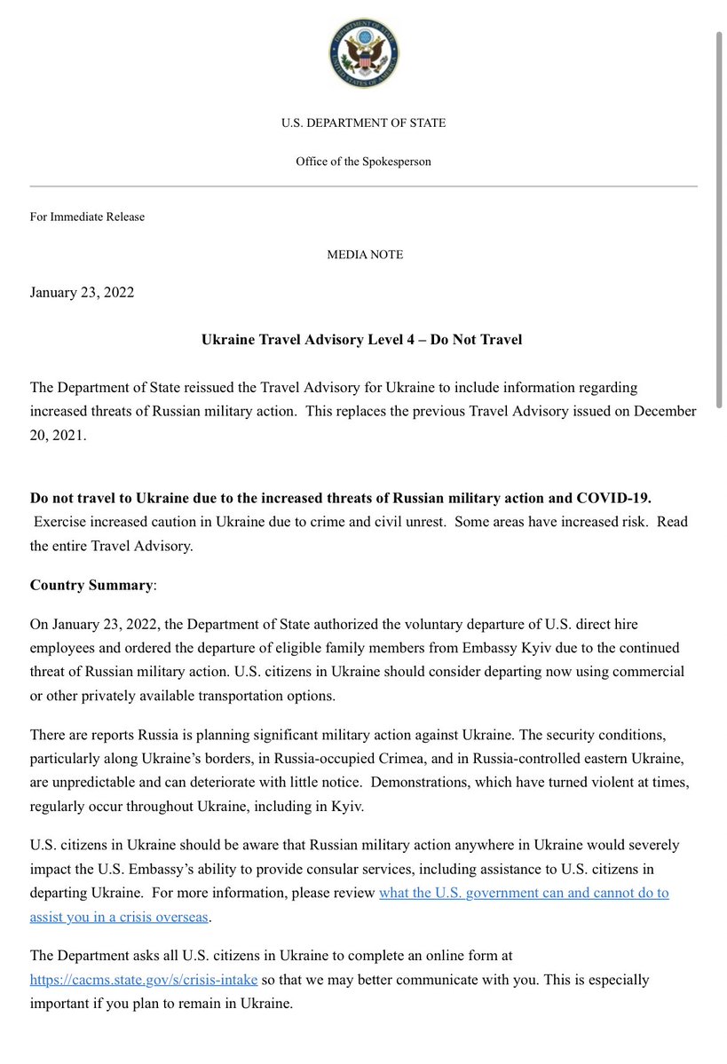 Tonight the State Dept has ordered the families of US embassy employees in Kyiv to depart Ukraine and authorized non-emergency personnel to depart as well