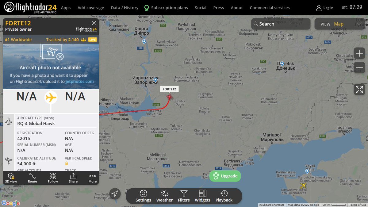 USAF RQ4 Global Hawk FORTE12 drone on the mission over Eastern Ukraine