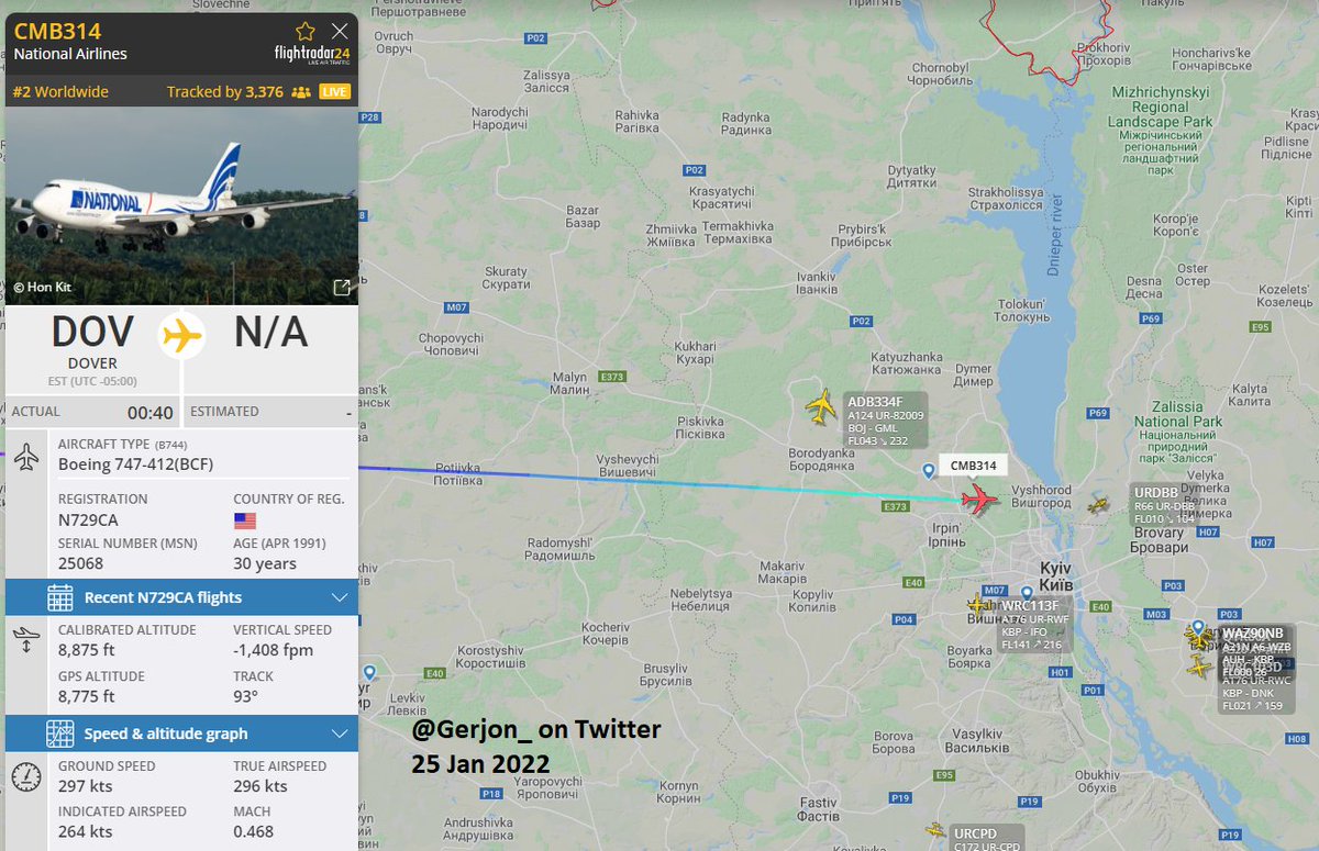 About to land at Kyiv Boryspil Airport, Ukraine: National Airlines Boeing 747-412(BCF) reg. N729CA as U.S. Transportation Command flight CMB314