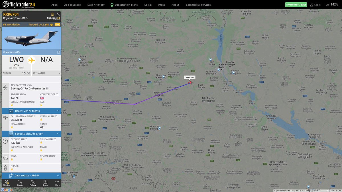 RAF C17 Globemaster III RRR6704 descending for Kyiv from Lviv