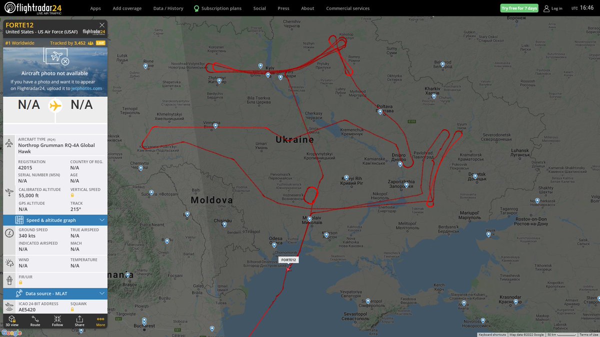 U.S. RQ-4A Global Hawk drone leaving Ukraine after day-long mission