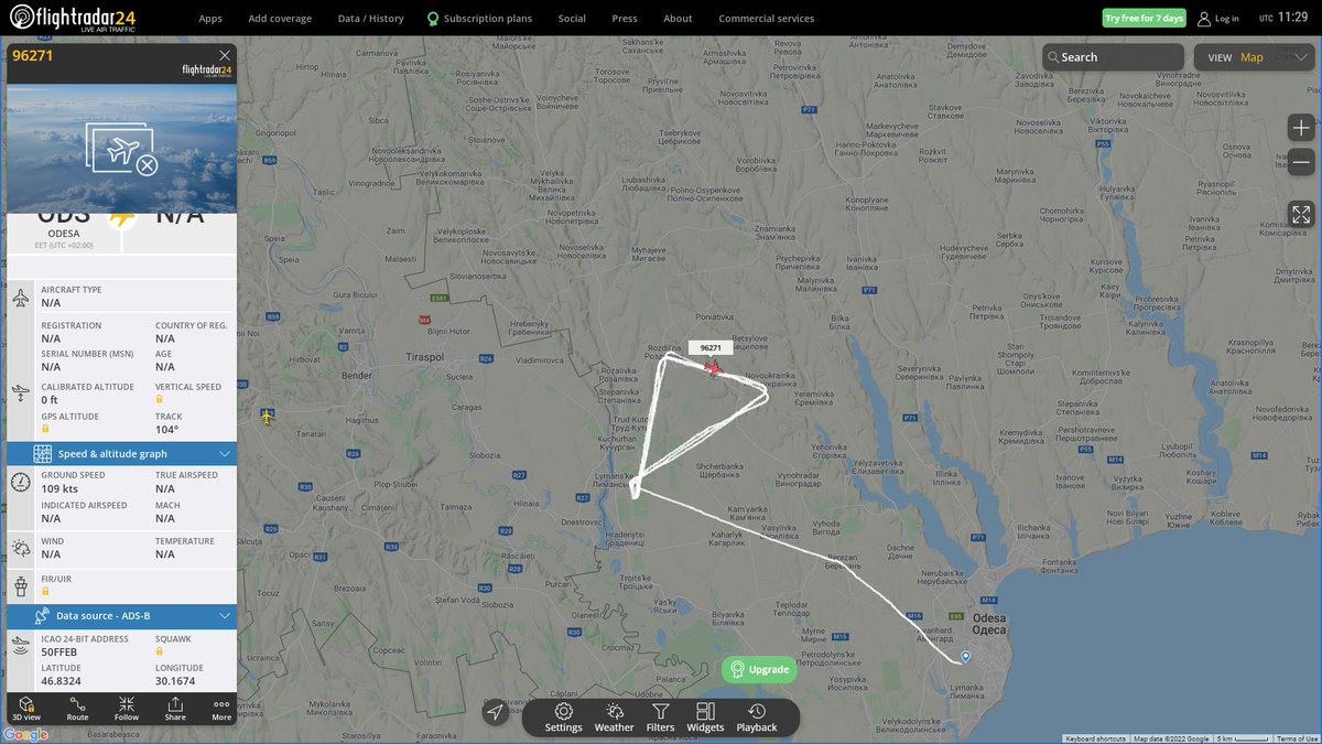 Ukranian UAV mode S 50FFEB 96271 C/S orbiting near Transnistria