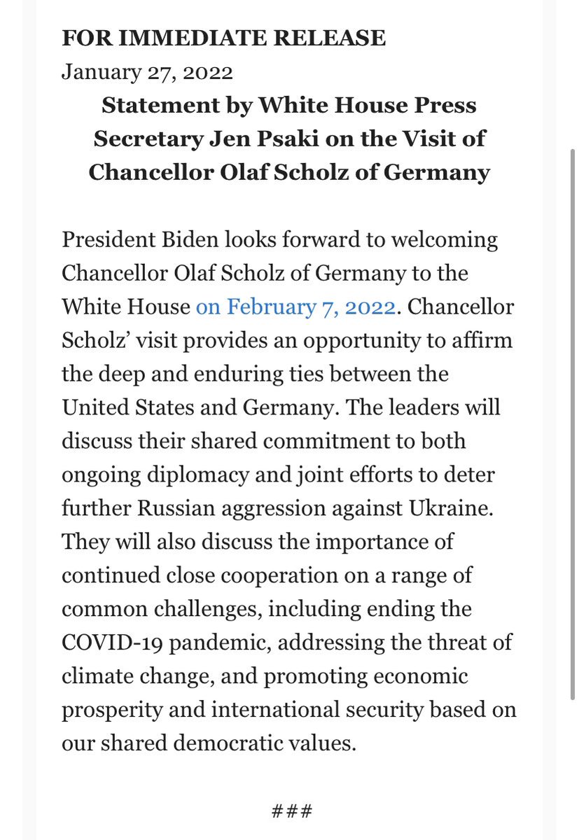 Official announcement of German chancellor's visit to DC to meet with Biden on Feb 7