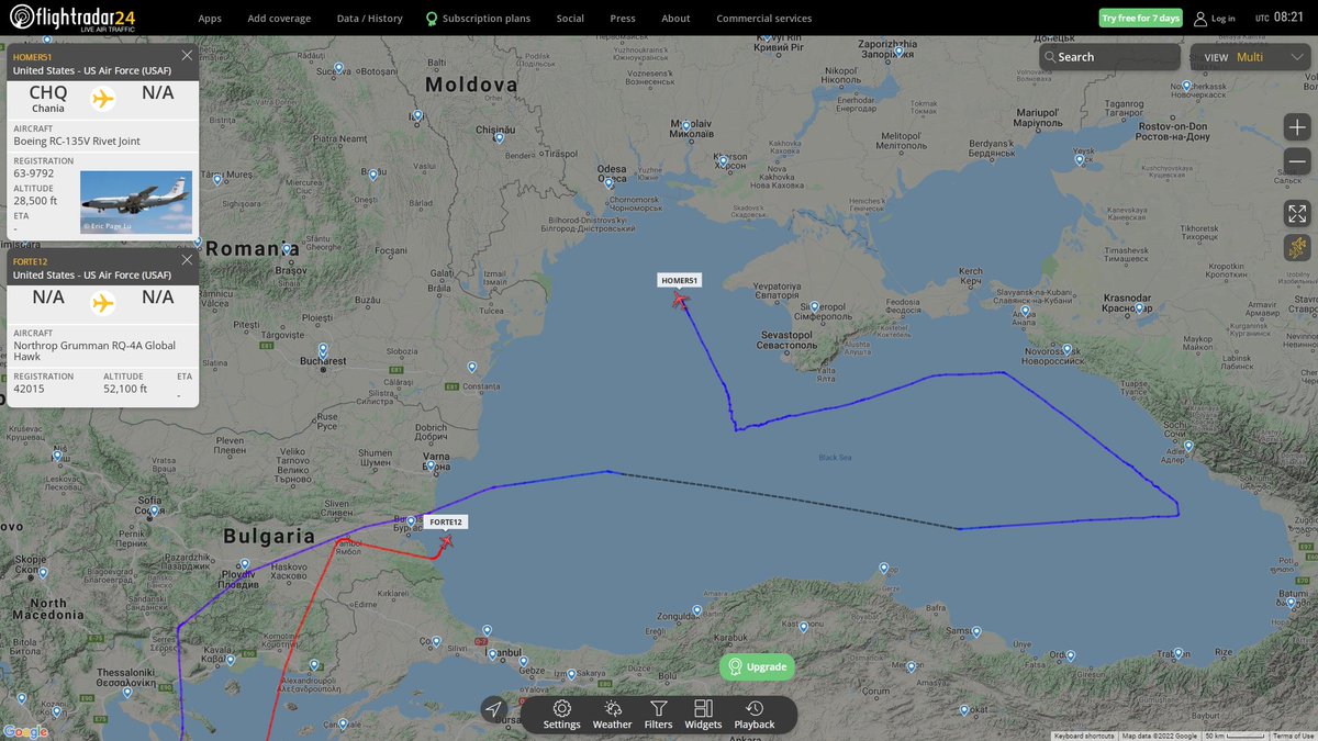 USAF  RC-135V Rivet Joint HOMER51 active off teh coast of Crimea and USAF RQ4 Global Hawk FORTE12 en route to Ukraine