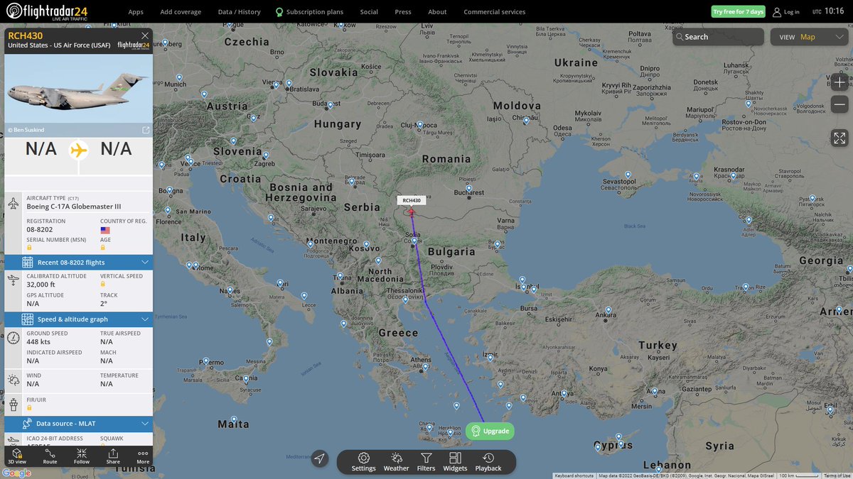 USAF C17 Globemaster III RCH430 en route to Lviv Ukraine from Jordan