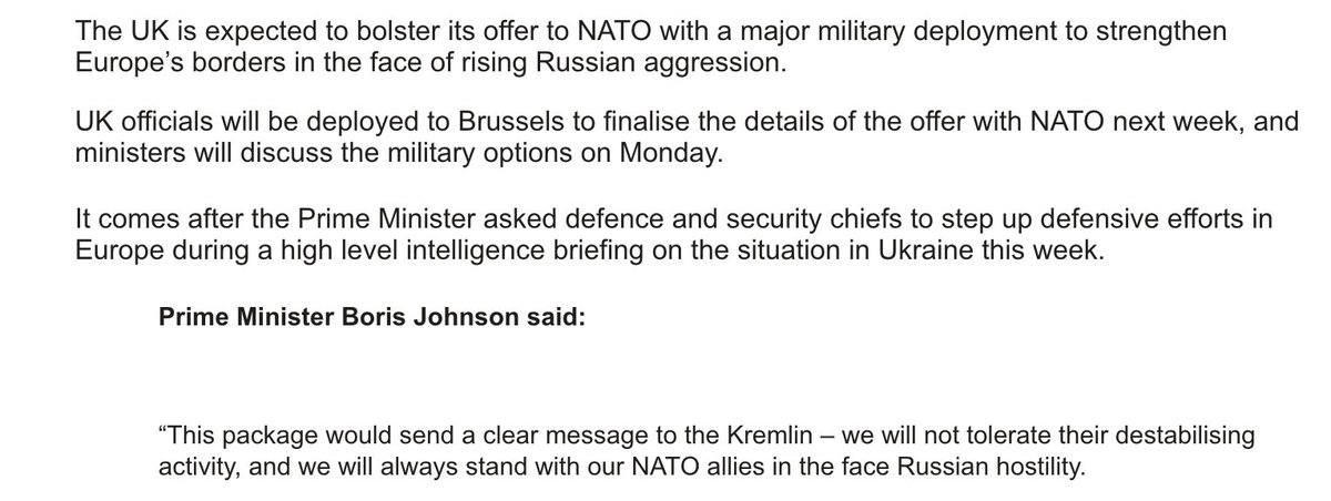 UK says it will offer large new military deployment to Europe this week, PM Boris Johnson to speak with Putin this week as well