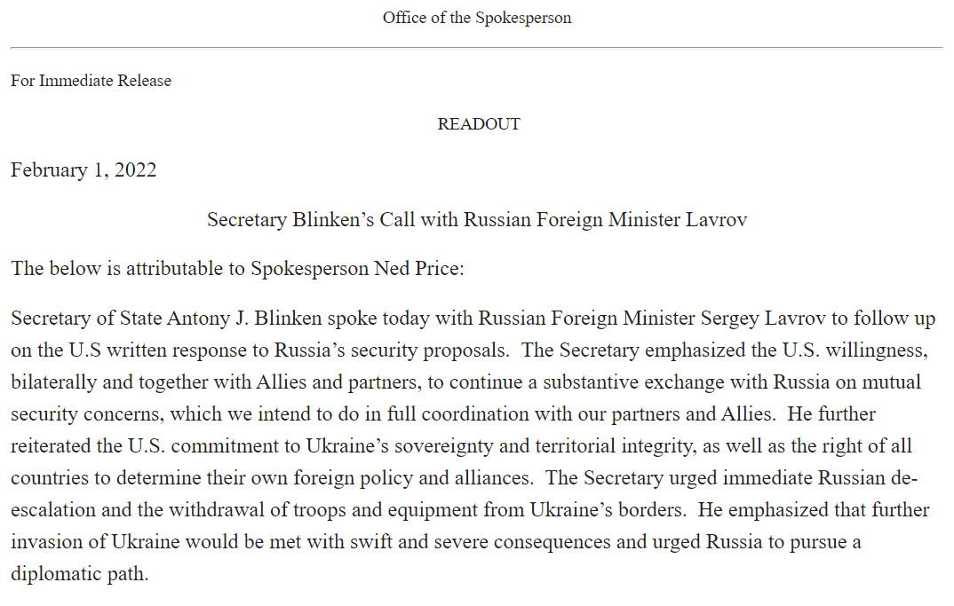 .@SecBlinken has spoken with Russian Foreign Minister Sergey Lavrov. Per @StateDeptSpox, he emphasized US willingness to continue a substantive exchange with Russia on mutual security concerns, urged immediate Russian de-escalation