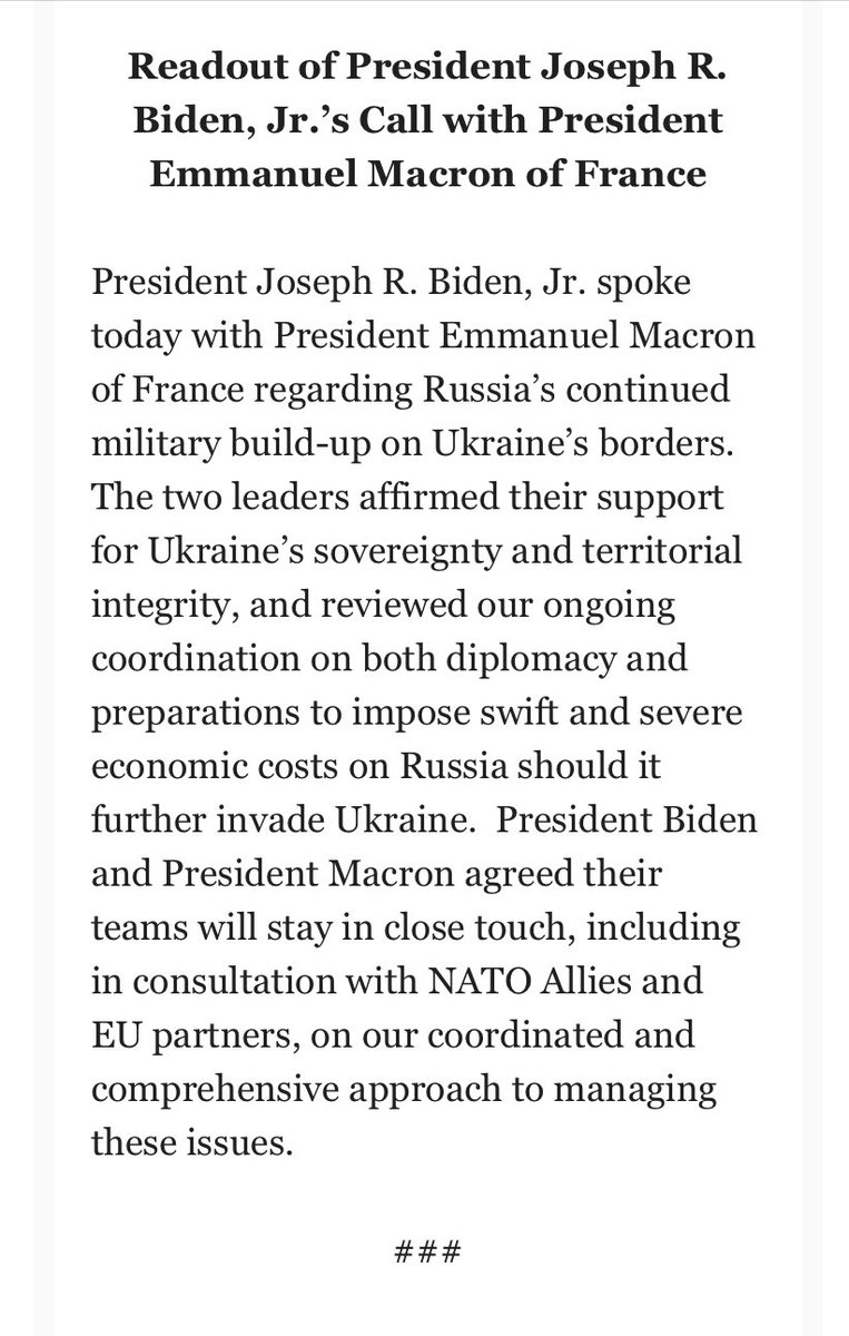 There's been a call today between @POTUS and @EmmanuelMacron regarding Russia's continued military build-up on Ukraine's borders, according to the @WhiteHouse