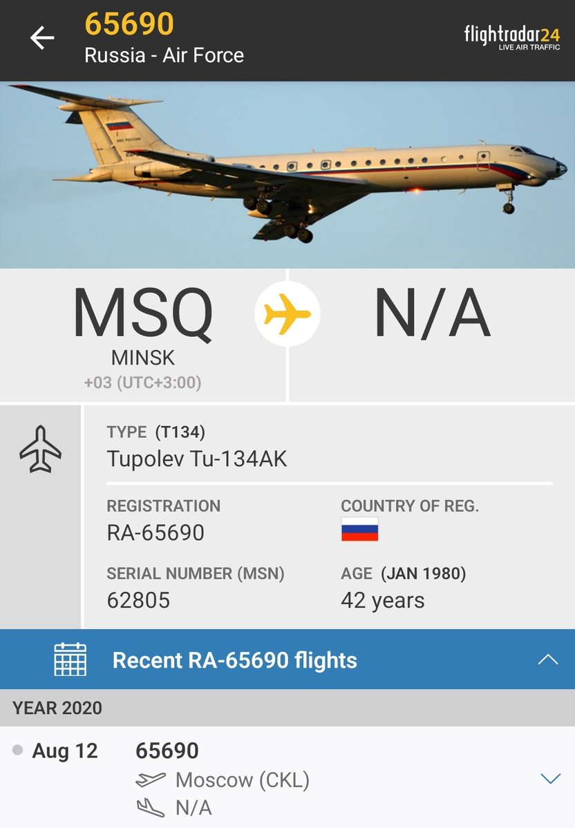 Another Russian Air Force aircraft up. Looks like this Tupolev Tu-134AK has some ISR sensors on the back RA-65690 was last tracked on Flightradar24 heading into Belarus on 12 Aug 2020.  Patrolling Ukraine - Belarus border region