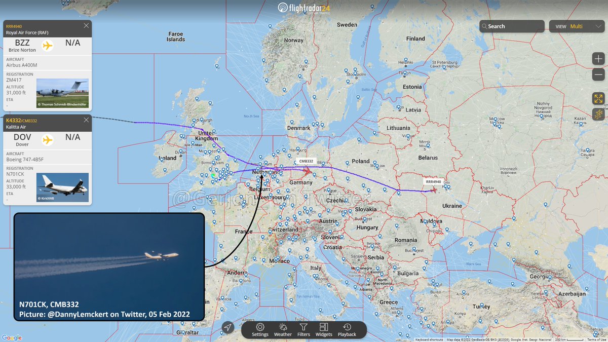 Ukraine Airlift update: Royal Air Force Airbus A400M (ZM417, RRR4940) is approaching Kyiv Boryspil Airport, likely carrying military aid.  Also active is Kalitta Air N701CK as CMB332, likely also heading to Boryspil. Both used Germany airspace