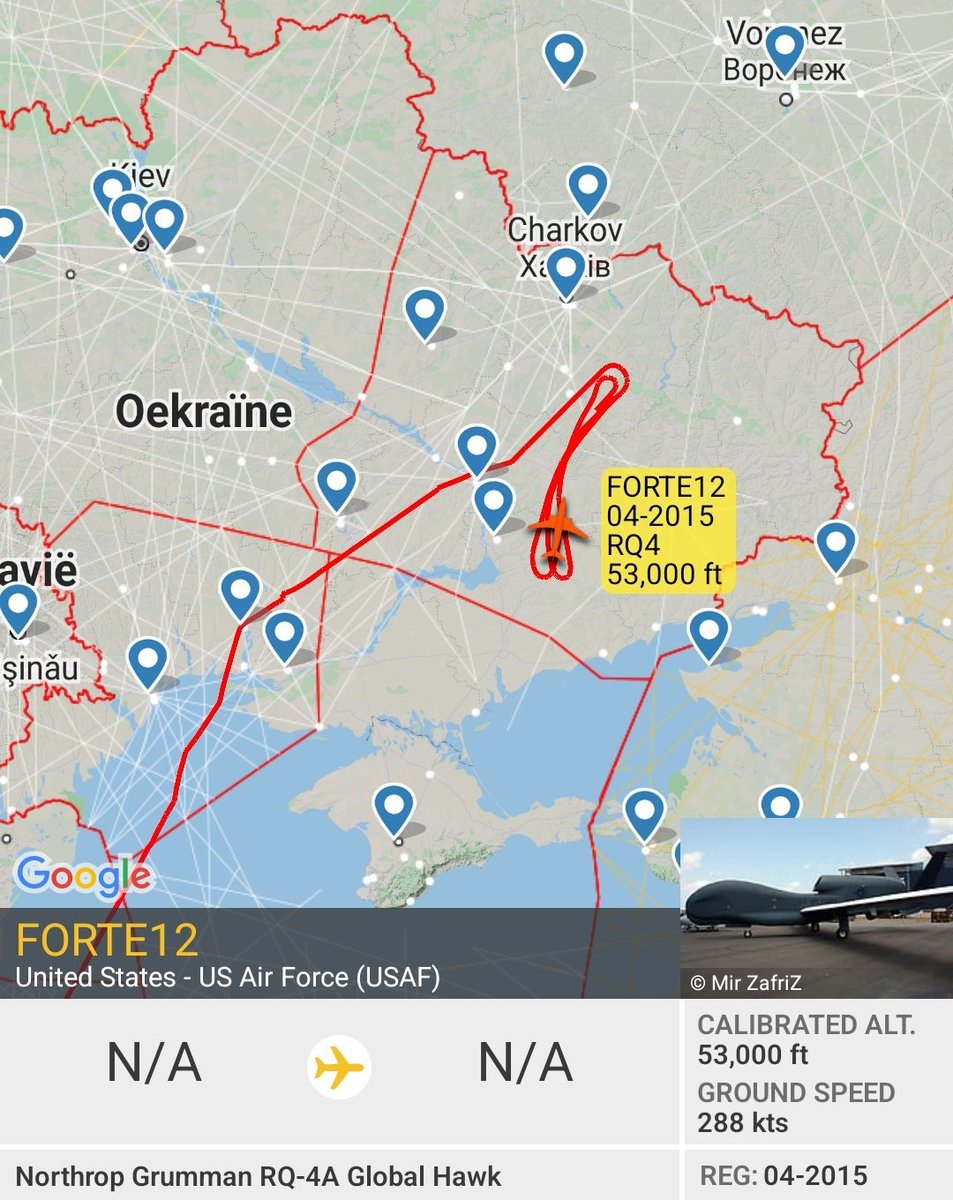 A United States Air Force RQ-4 Global Hawk FORTE12 is currently up over Eastern Ukraine. According to Flightradar24, AE5420 is 04-2015