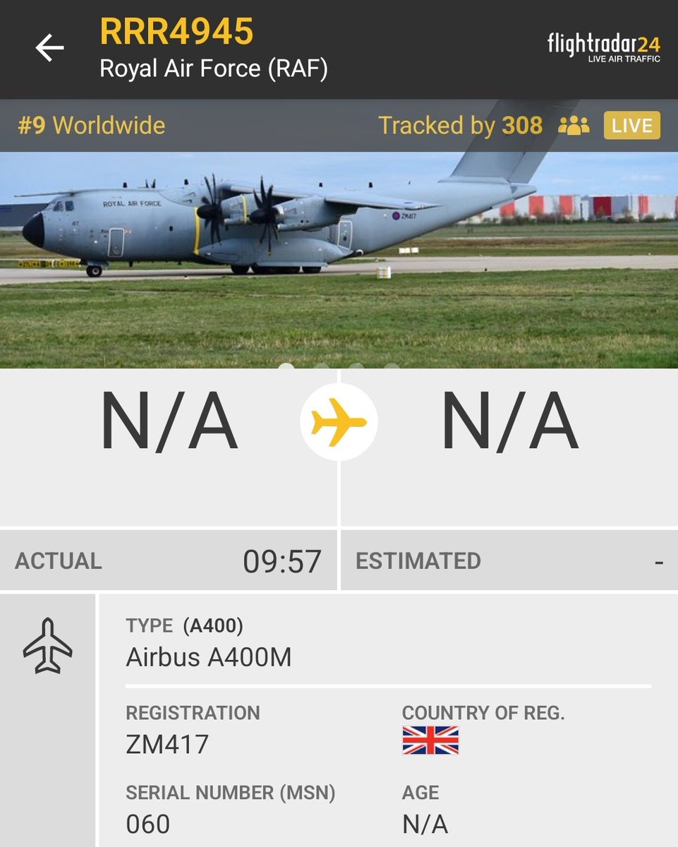 Royal Air Force Airbus A400M reg. ZM417 RRR4945 from RAF Akrotiri is currently over Ukraine