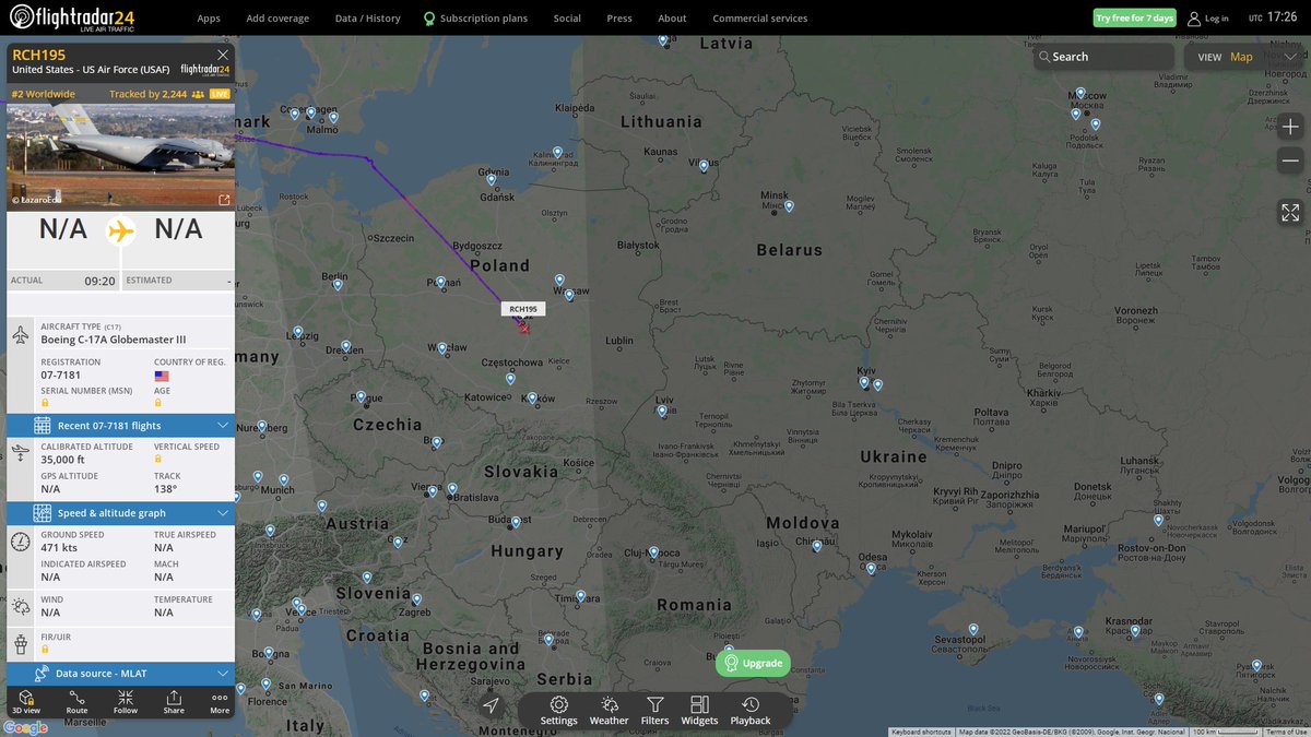 USAF C17 Globemaster III RCH195 en route to Rzeszow Poland from Pope Field