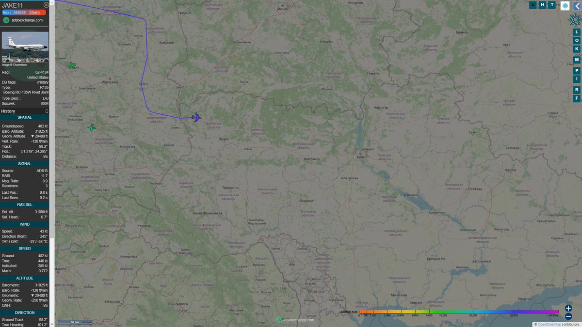 USAF RC135W Rivet Joint JAKE11 active over Ukraine