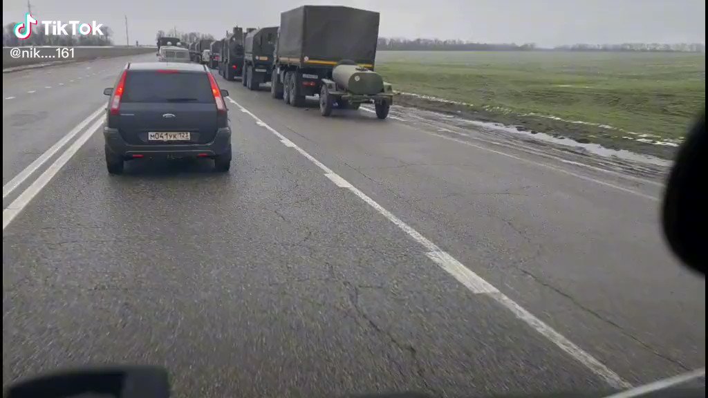 Large convoy of trucks, believed to be in the Krasnodar region, likely heading for Crimea
