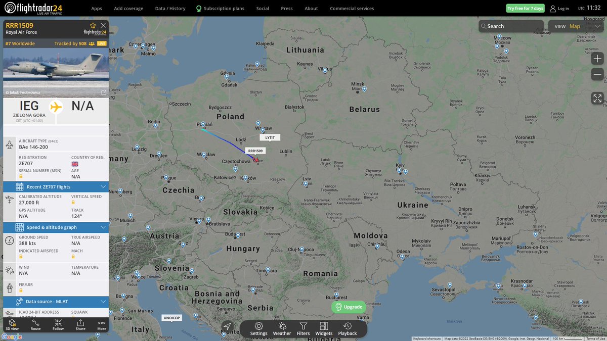 RAF BAe 146-200 RRR1509 en route to Ukraine from Poland