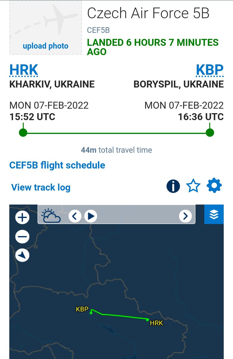 Earlier on Monday, Czech Air Force Airbus A319CJ reg. Czech Republic 3085 (498421) flew from Kharkiv to Kyiv Boryspil Airport, both in Ukraine: CEF5B