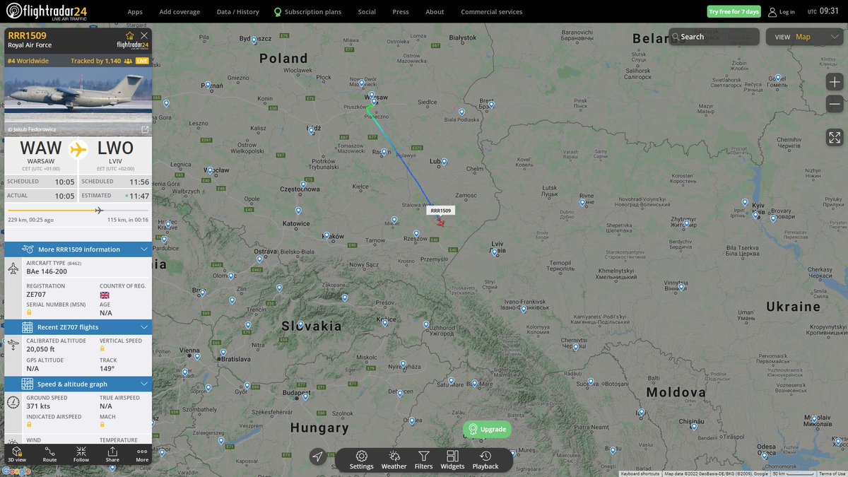 RAF BAe 146-200 RRR1509 en route to Ukraine from Warsaw