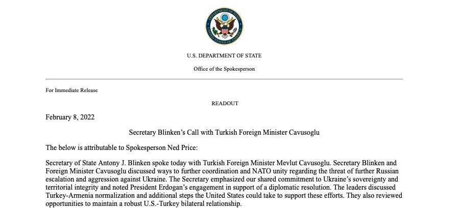 There's also been a @SecBlinken call with @mevlutcavusoglu about @NATO unity amid Russia aggression vs. Ukraine