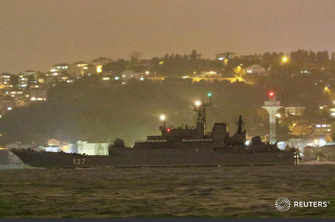 Reinforcements are now in the Black Sea 21:00UTC:Russian Navy Project775 Ropucha class LSTMs (tank carrying), Baltic Fleet's 71st Landing Ship Brigade's Kaliningrad 102, Minsk 127 & Korolev 130 transited Bosphorus and entered the Black Sea..@YorukIsik pix via @reuterspictures