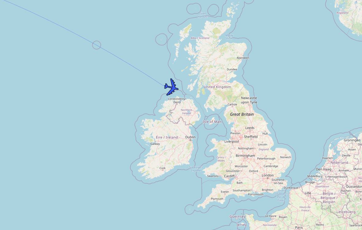 The first of a number of B-52 bombers, callsign 'HATE14', is now arriving in the United Kingdom and is currently west of Glasgow and descending for RAF Fairford
