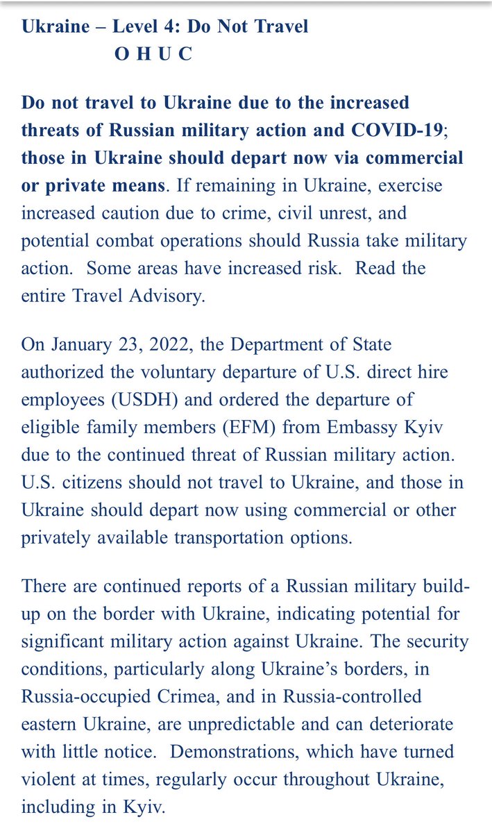 New @StateDept/@USEmbassyKyiv alert for Ukraine again tells US citizens to leave the country now. If remaining in Ukraine, exercise increased caution due to crime, civil unrest, and potential combat operations should Russia take military action
